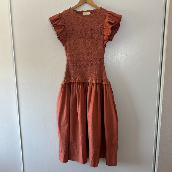 NWT Ulla Johnson Handmade Madeline Midi Dress Smocked Cotton Poplin Clay Size 6‎
